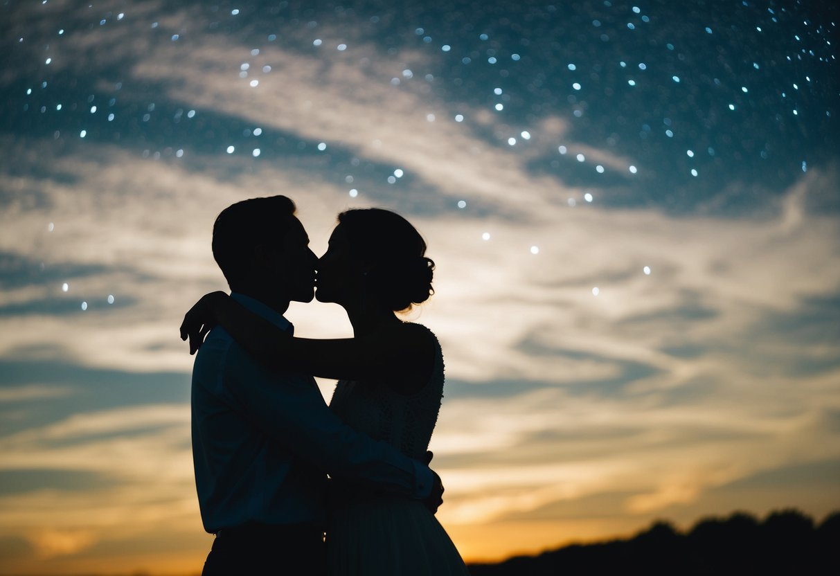 Two figures embrace under a starry sky, their silhouettes touching as they share a tender kiss