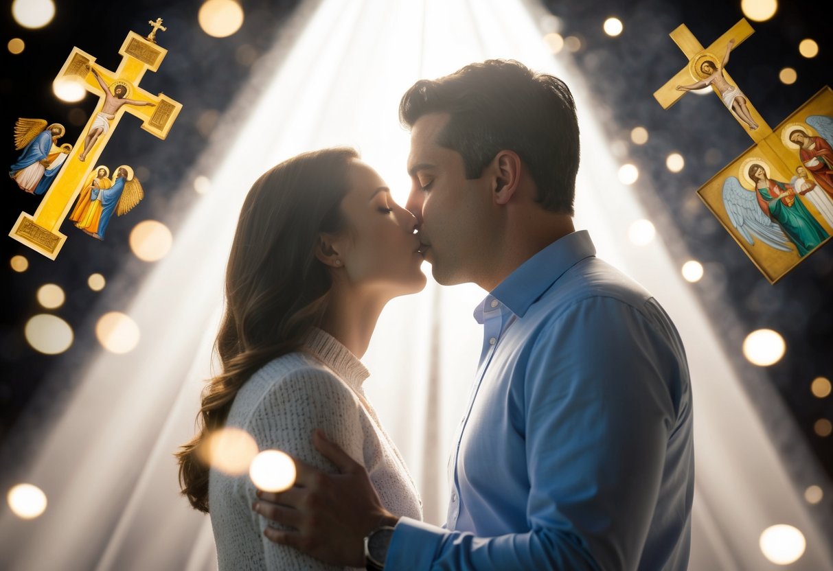 A couple kissing under a beam of light, surrounded by religious symbols and conflicting emotions