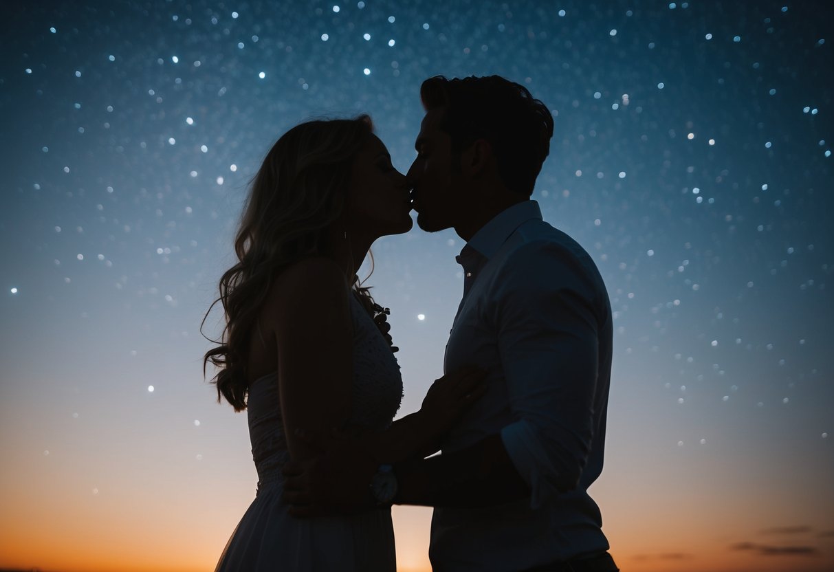 Two silhouettes embrace under a starry sky, their lips meeting in a tender kiss