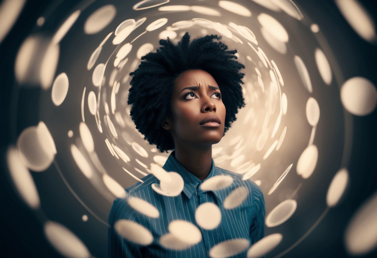 A figure looks inward with a conflicted expression, surrounded by swirling thoughts and emotions