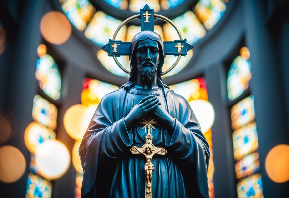 A figure surrounded by religious symbols, contemplating with uncertainty
