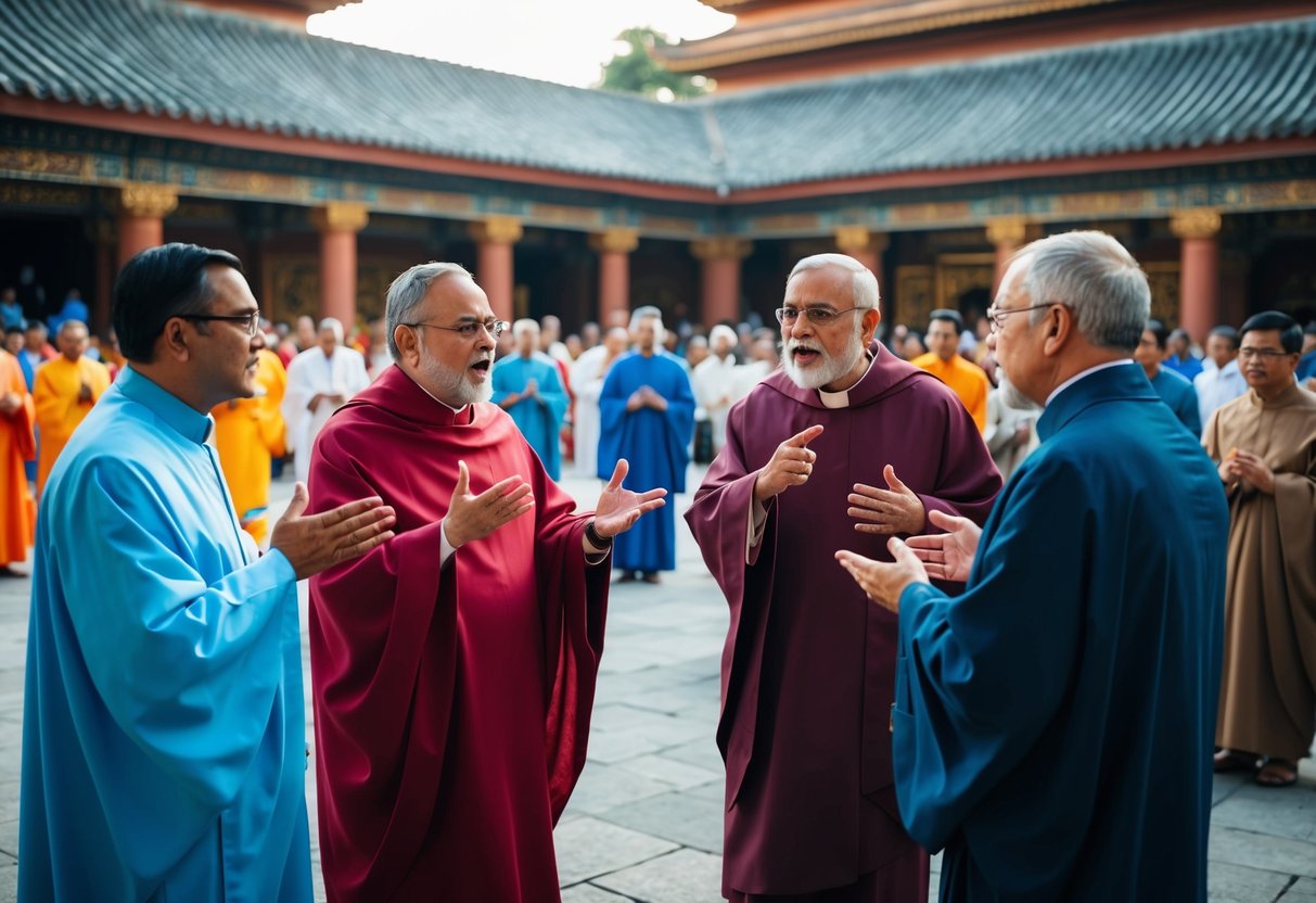 Two groups of religious leaders debate in a crowded temple courtyard, gesturing and speaking passionately