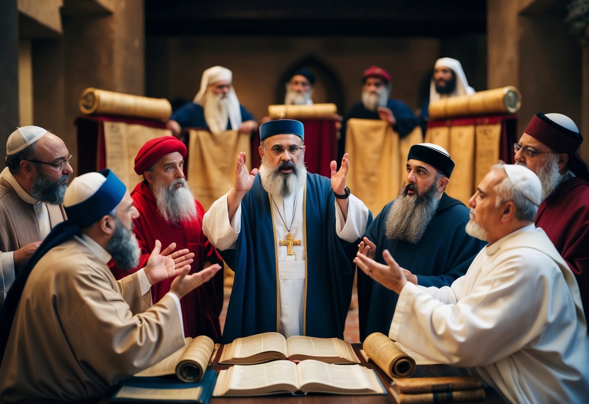 A group of pharisees and sadducees engage in a heated debate, gesturing emphatically and surrounded by scrolls and religious texts