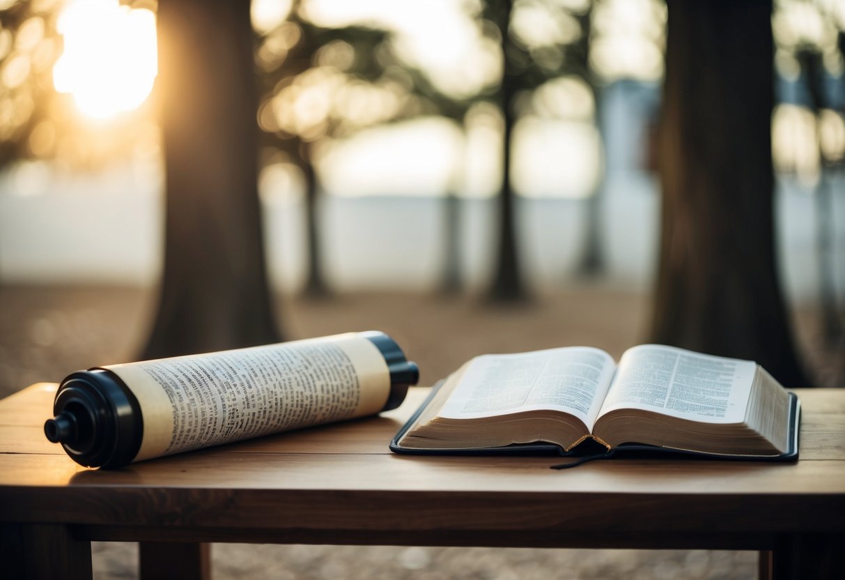 A Torah scroll and a Bible placed side by side on a wooden table