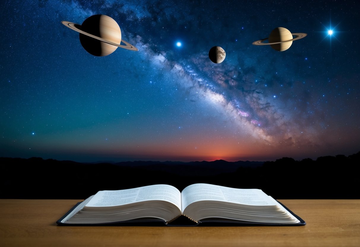 A night sky with stars and planets, alongside an open Bible