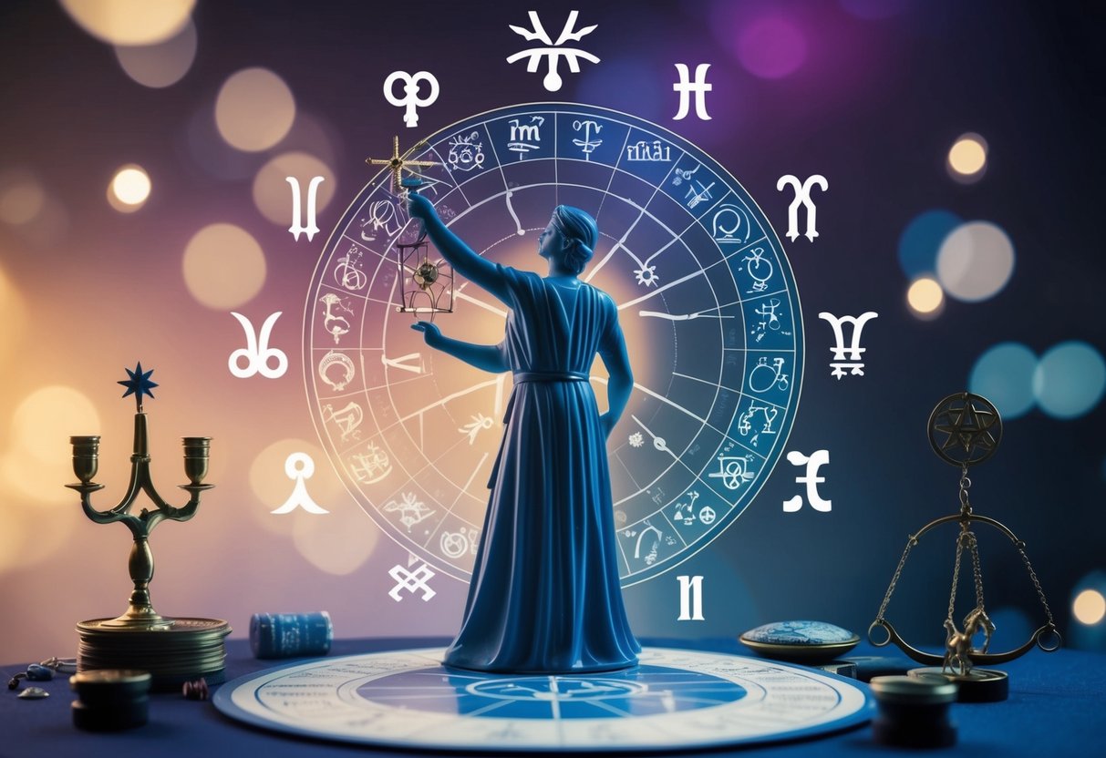 A figure casting horoscope charts, surrounded by forbidden symbols and objects, while biblical verses denouncing astrology and divination hover in the background