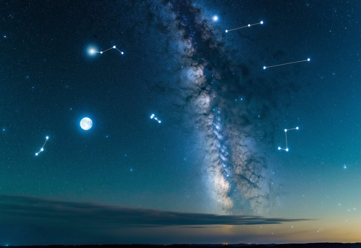 A vast, starry sky spreads across the horizon, with constellations and planets shining brightly, showcasing the grandeur of the heavens and God's power