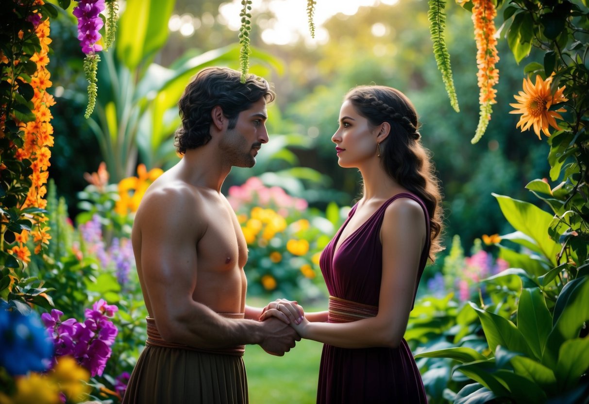 Adam and Eve converse in a lush garden surrounded by colorful flora and fauna. The air is filled with the sound of their ancient language
