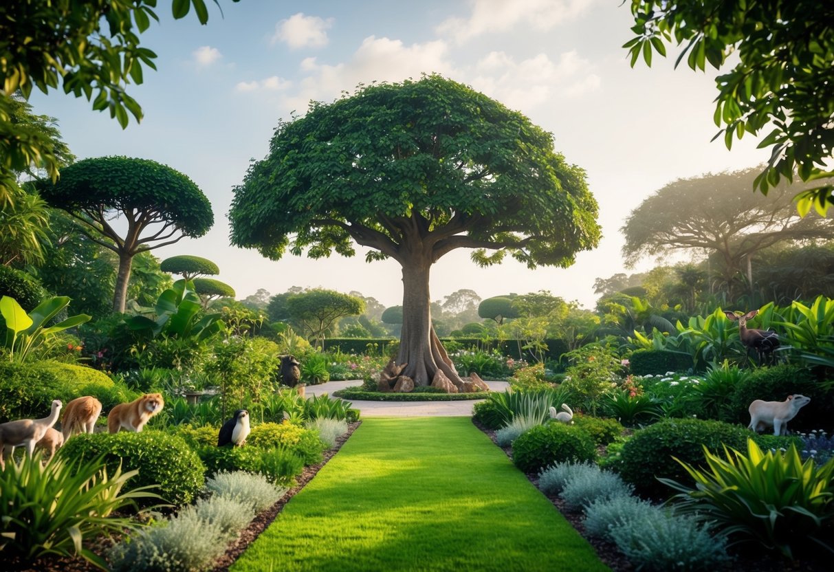 A lush garden with diverse flora, animals, and a serene atmosphere. A tree of knowledge stands at the center