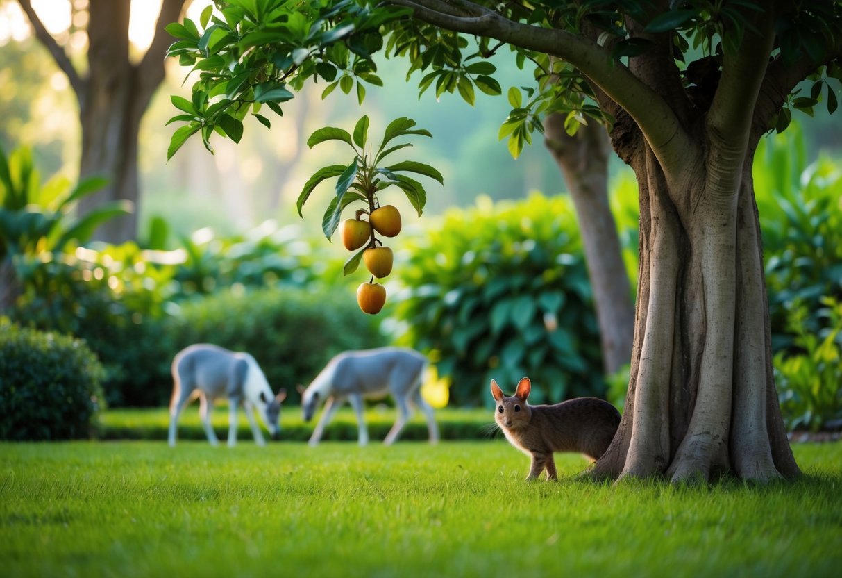 A lush garden with a serene atmosphere, featuring a tree with forbidden fruit and a pair of animals