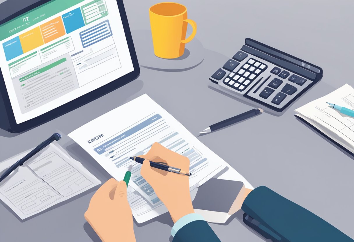 A person filling out the T2201 Disability Tax Credit Application form at a desk with a pen and documents