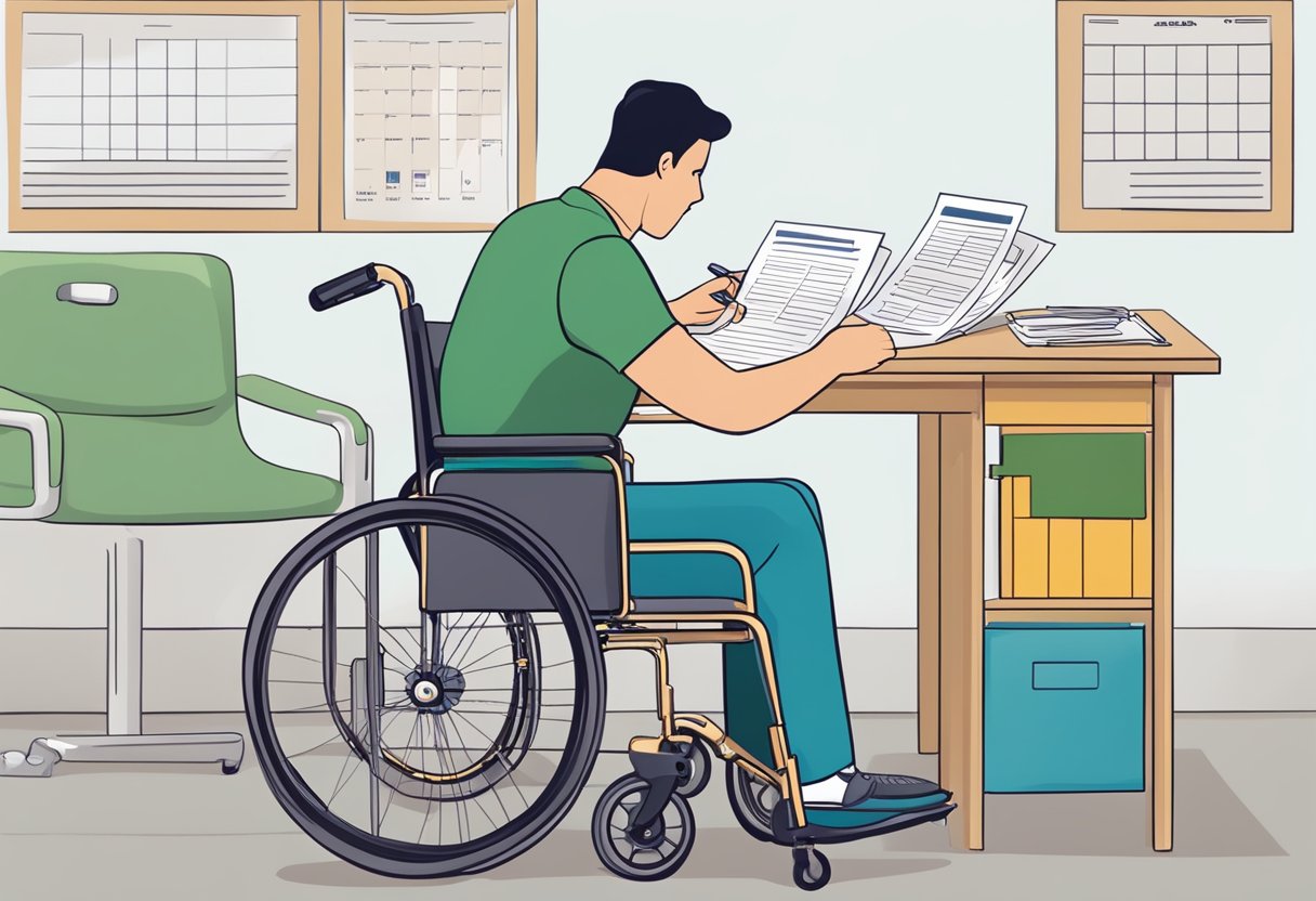 A person in a wheelchair filling out a form with a pencil at a desk, surrounded by medical documents and a calendar