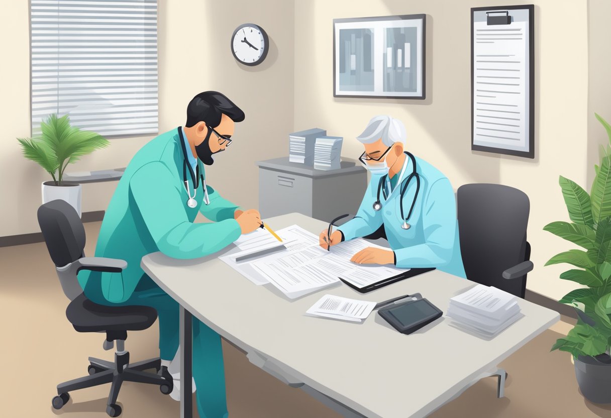 A doctor filling out a disability tax credit application form at a desk in a medical office