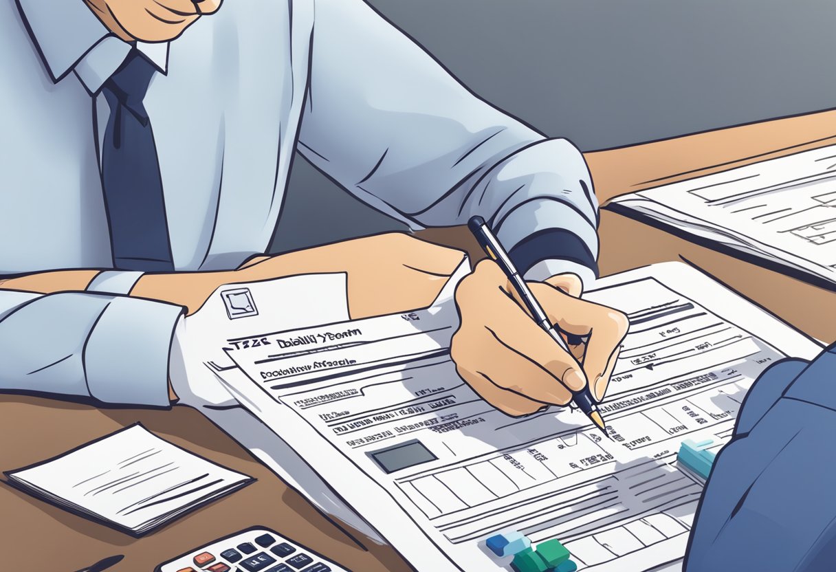 A person filling out the T2201 Disability Tax Credit Application form at a desk with a pen, calculator, and documents