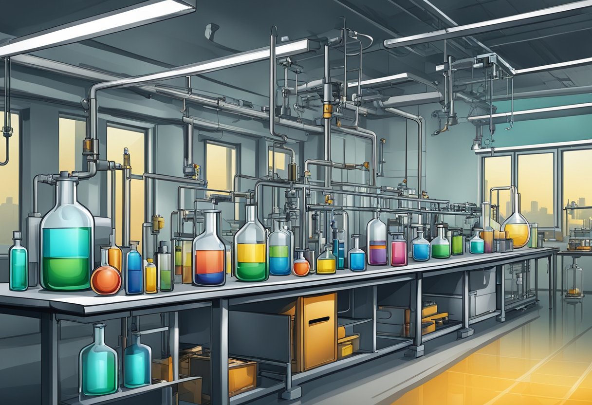 A laboratory setting with industrial equipment and chemical containers