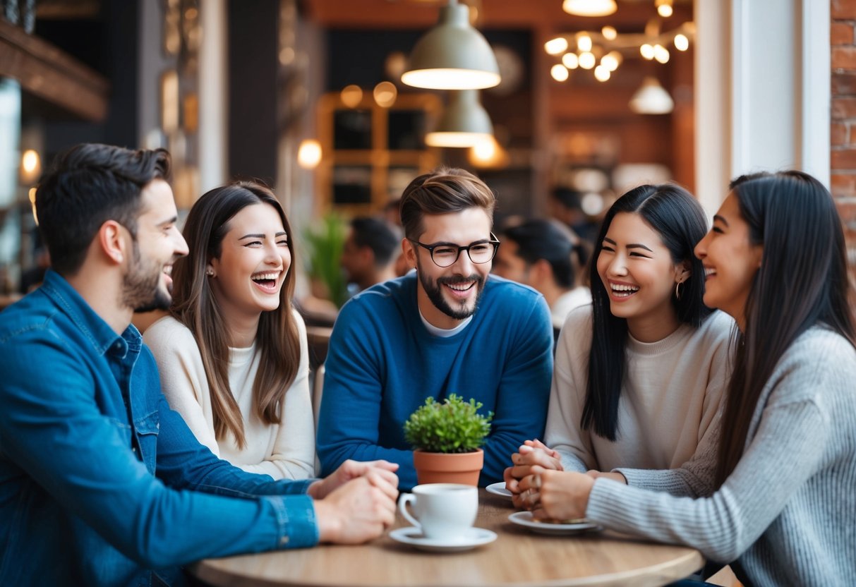 Um grupo de amigos rindo e conversando enquanto está sentado em círculo em um café aconchegante