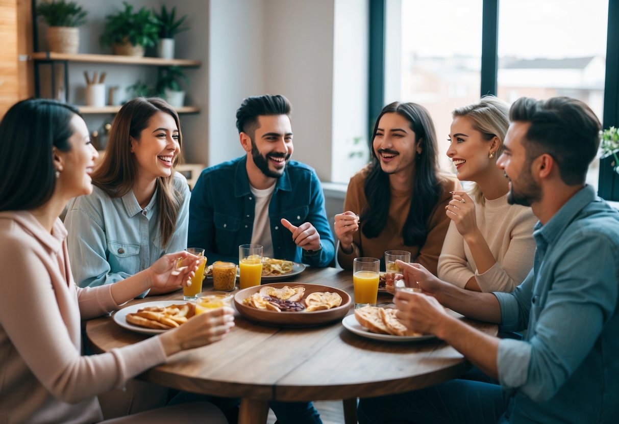 Um grupo de amigos sentado ao redor de uma mesa, rindo e fazendo perguntas aleatórias uns aos outros. Uma atmosfera aconchegante e relaxada com petiscos e bebidas.