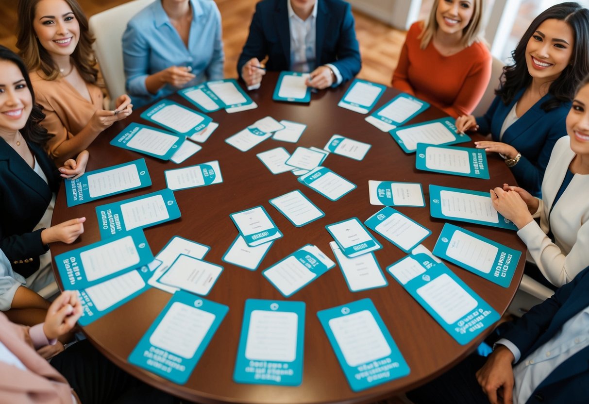 Uma mesa com cartas de perguntas e respostas espalhadas, cercada por rostos sorridentes