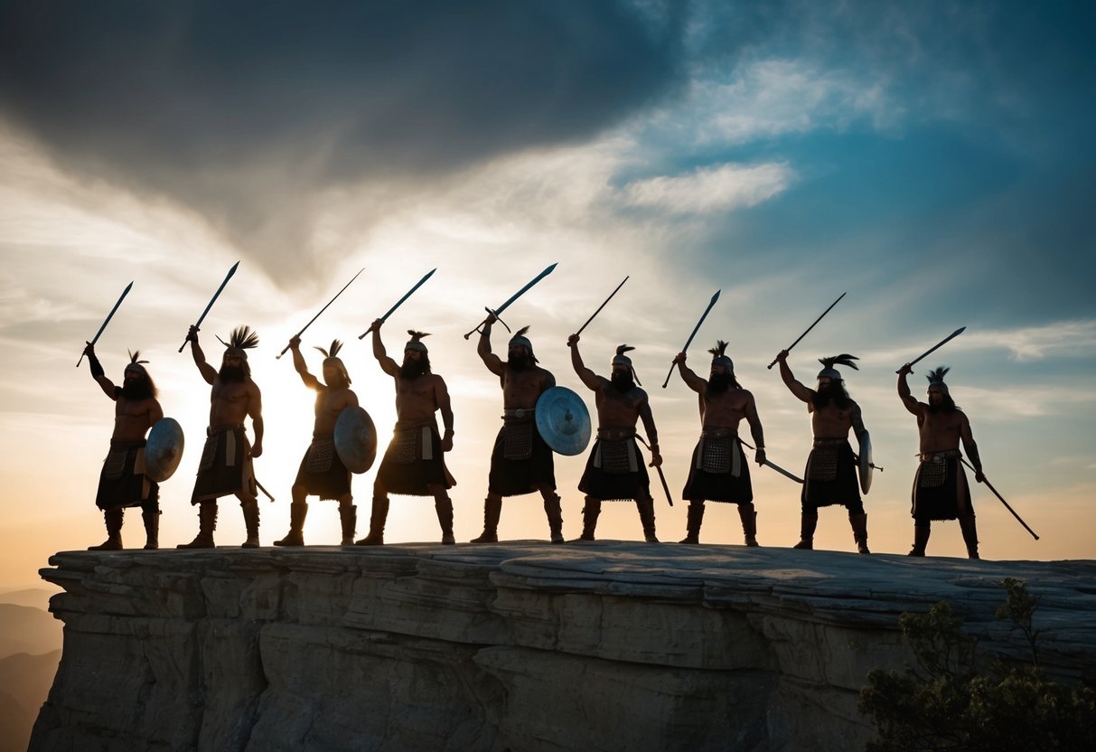 Um grupo de guerreiros em pé em um penhasco, levantando suas armas e gritando em uníssono, com um céu dramático ao fundo