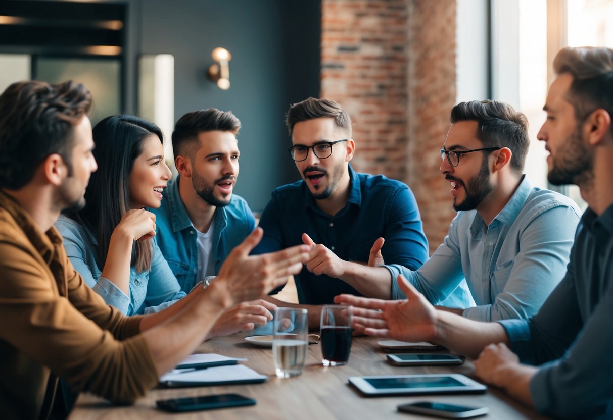 Um grupo de amigos se reuniu em torno de uma mesa, envolvido em uma discussão acalorada, gesticulando e debatendo apaixonadamente.