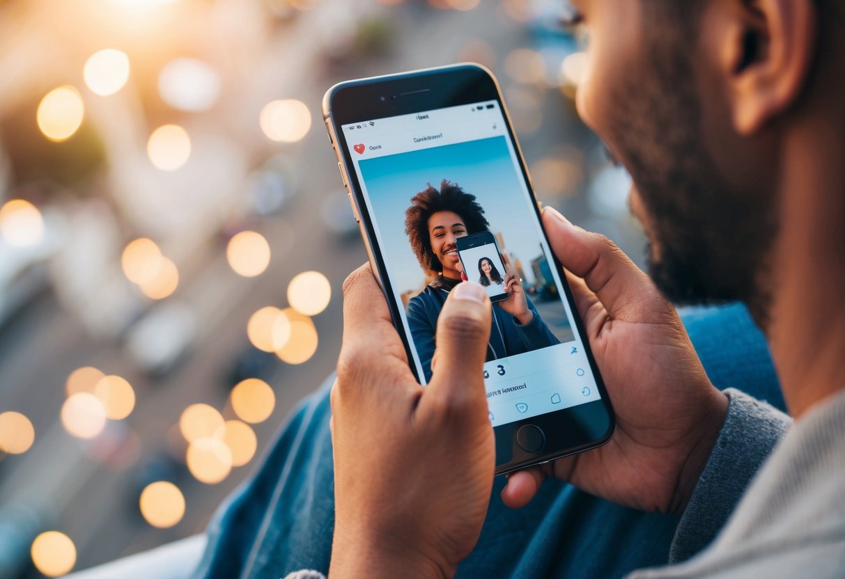 Uma pessoa segurando um smartphone, rolando pelas redes sociais, sorrindo enquanto olha uma foto de seu crush.