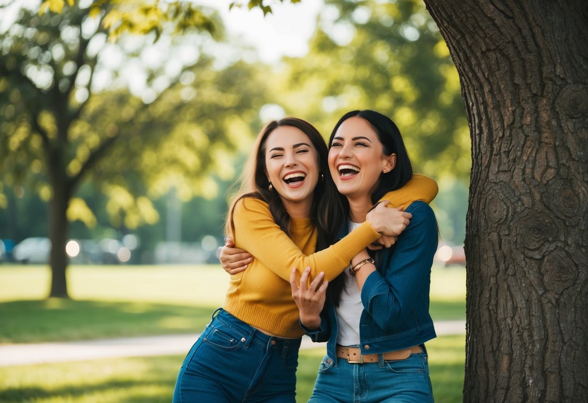 Duas melhores amigas rindo e se abraçando debaixo de uma árvore em um parque