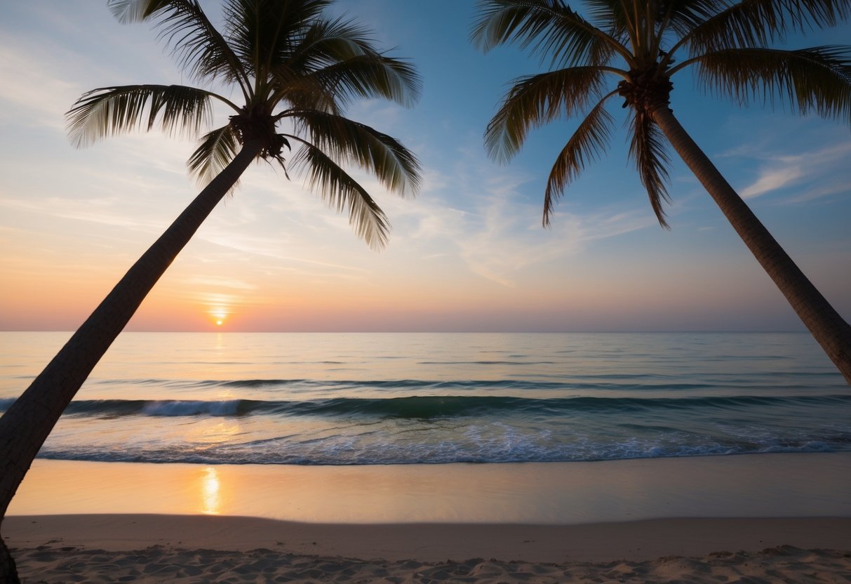 Uma praia serena ao pôr do sol, com palmeiras balançando na brisa suave e ondas suavemente batendo na costa