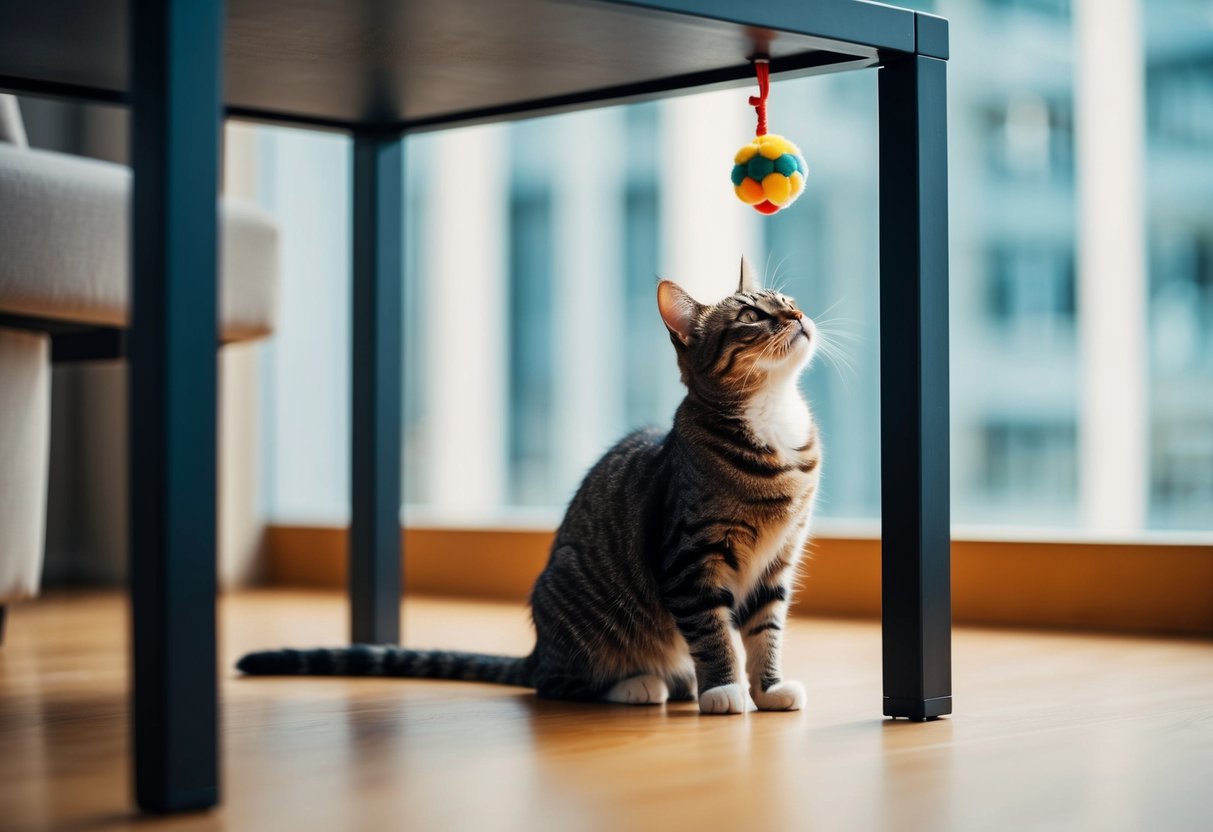 Um gato sentado debaixo de uma mesa, olhando para um brinquedo pendurado.