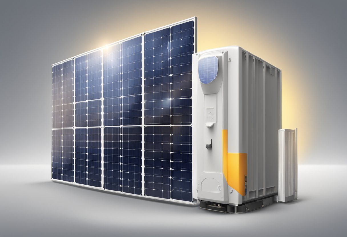 A solar panel absorbing sunlight, converting it into electricity, and storing the energy in a battery for later use