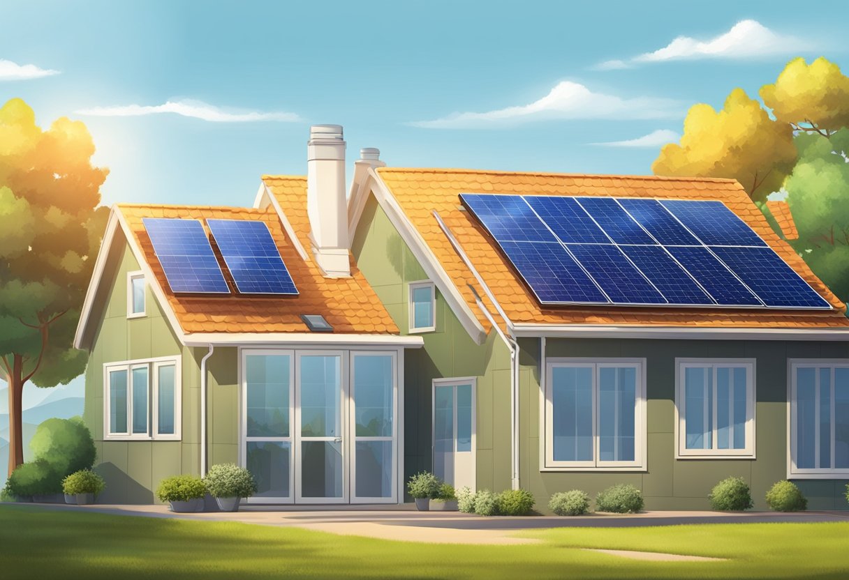 A solar panel is set up outdoors, connected to a power generator. The sun shines down on the panel, which converts the sunlight into electricity