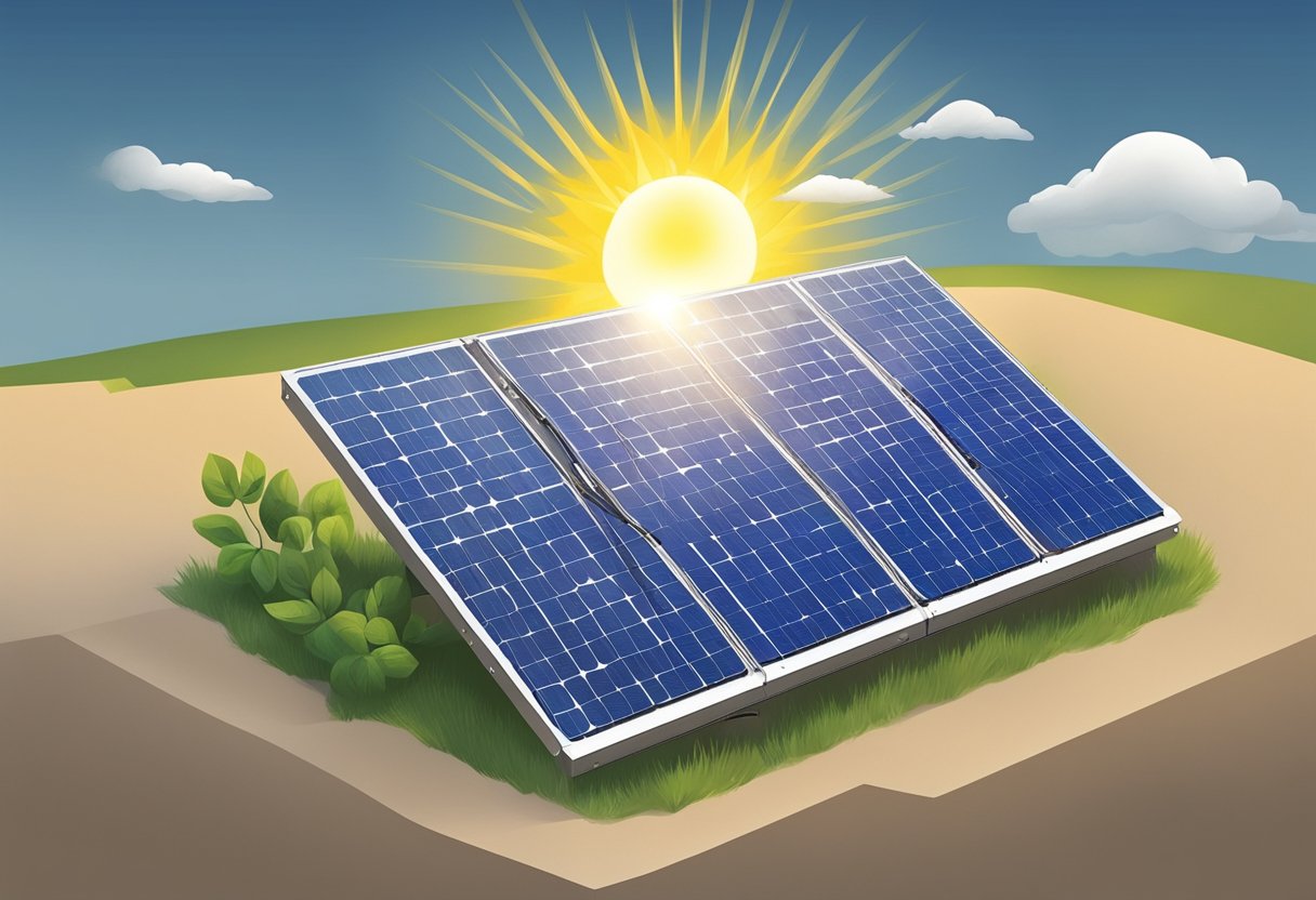 A solar panel absorbing sunlight, converting it into electricity, and sending it to a battery for storage