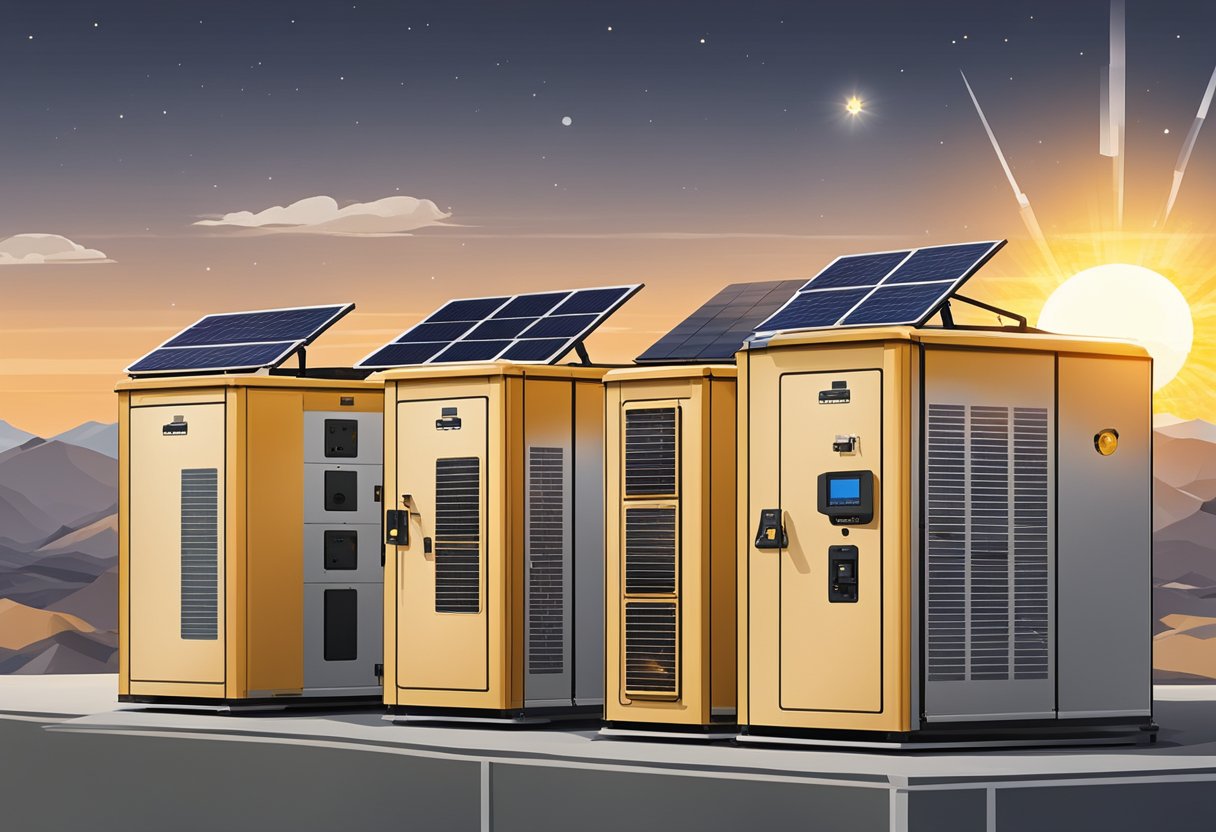 A variety of solar generators sit outdoors, ranging from portable to larger, fixed units, with panels facing the sun