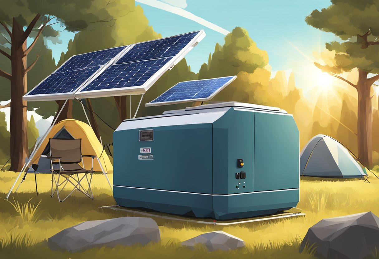 A solar generator powering outdoor equipment in a remote camping site. Solar panels are soaking up the sun’s rays, while the generator quietly hums