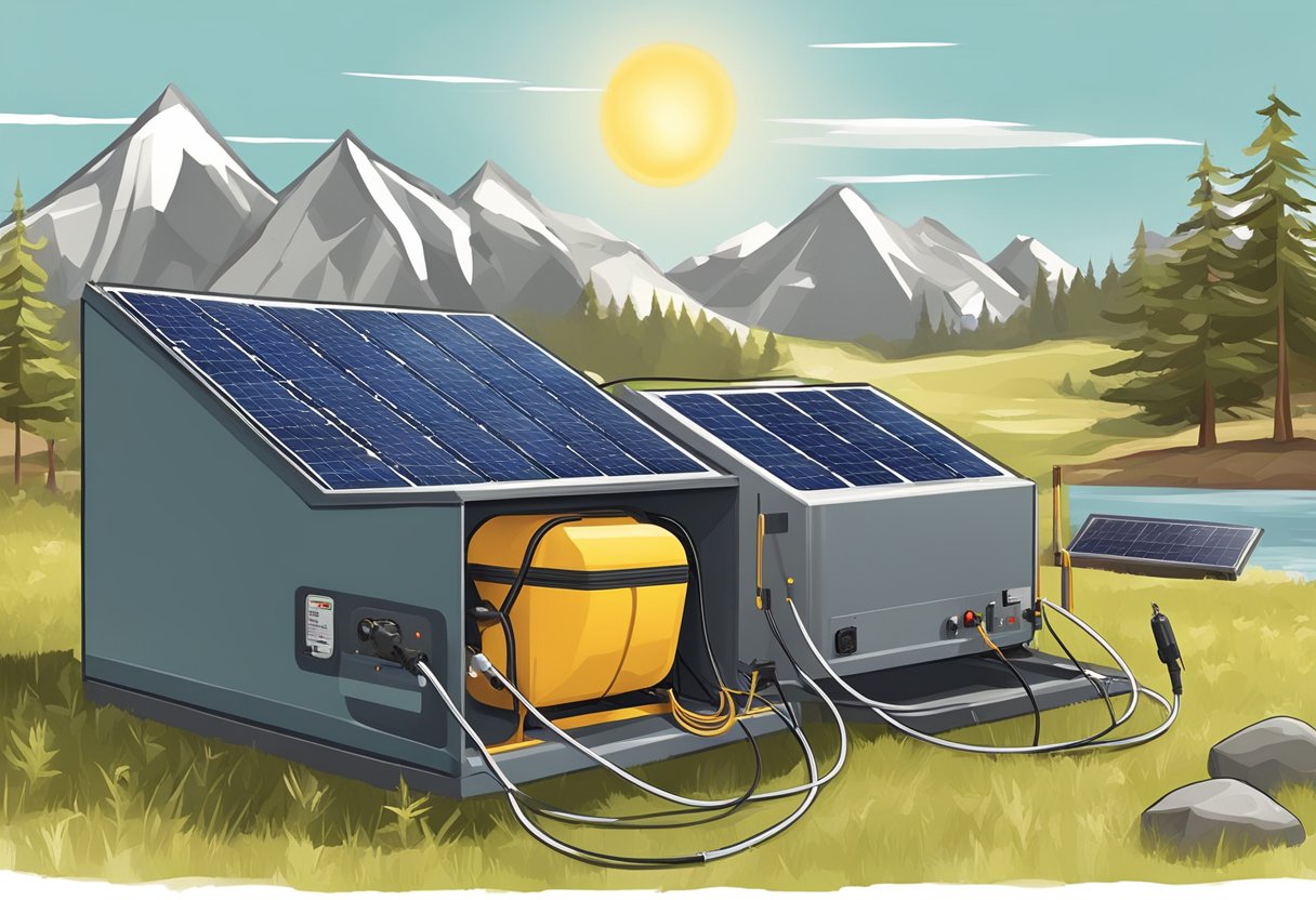 A solar generator powering outdoor equipment in a remote camping site