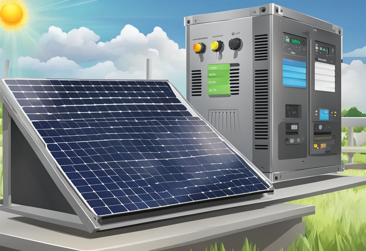 A solar generator with various performance metrics displayed on a digital screen