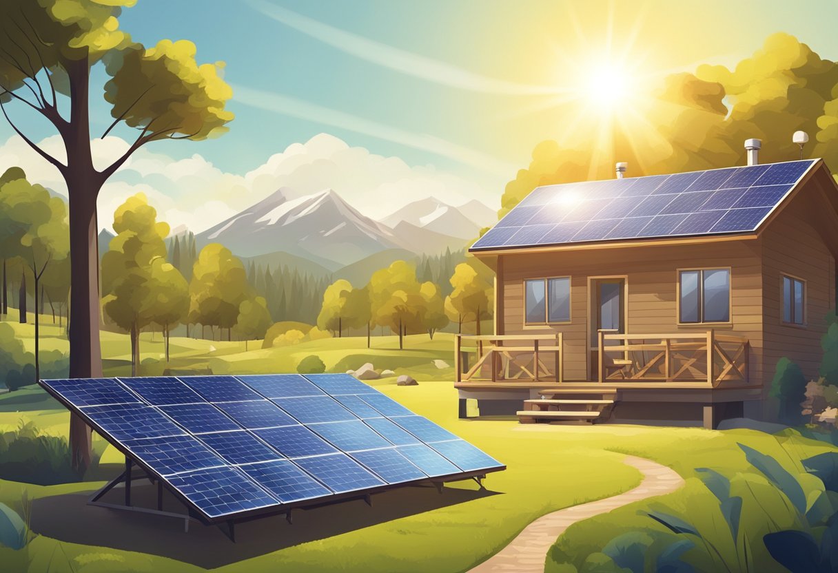A sunny landscape with solar panels, generating electricity for a house, camping site, and outdoor activities