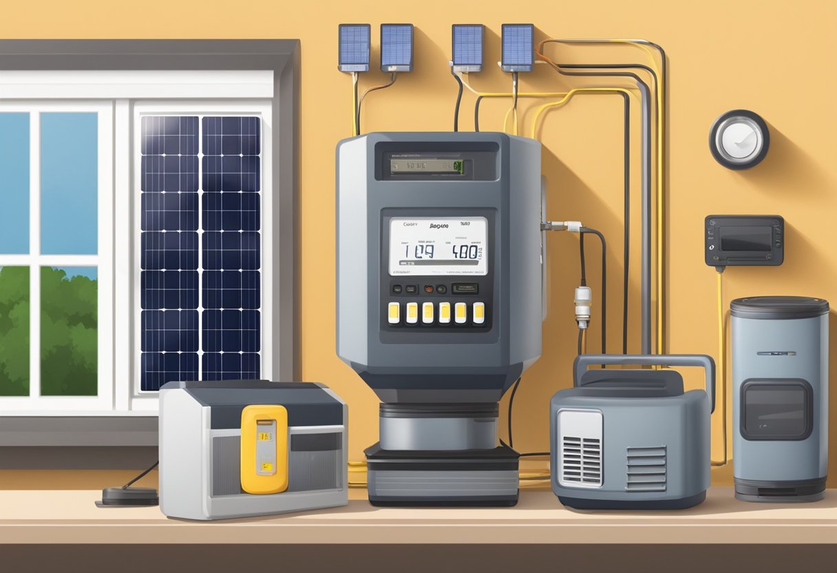 A solar generator powering multiple electronic devices in a home, while the meter shows reduced energy costs