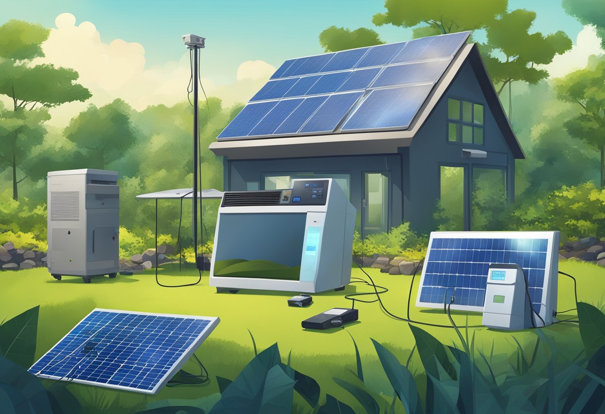 A solar generator powering multiple devices in a remote outdoor setting, with clear blue skies and lush greenery