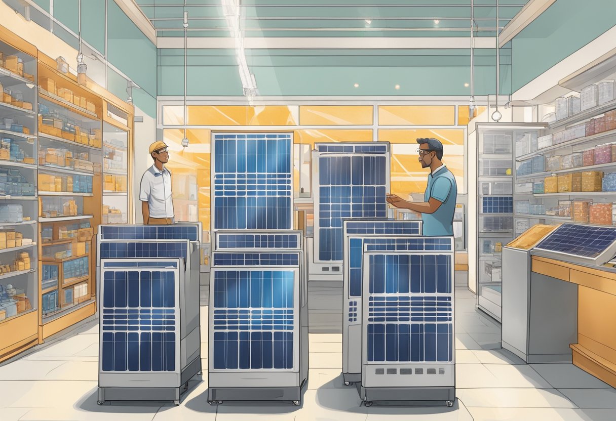 A person comparing various solar generators in a well-lit store, surrounded by different models and sizes on display