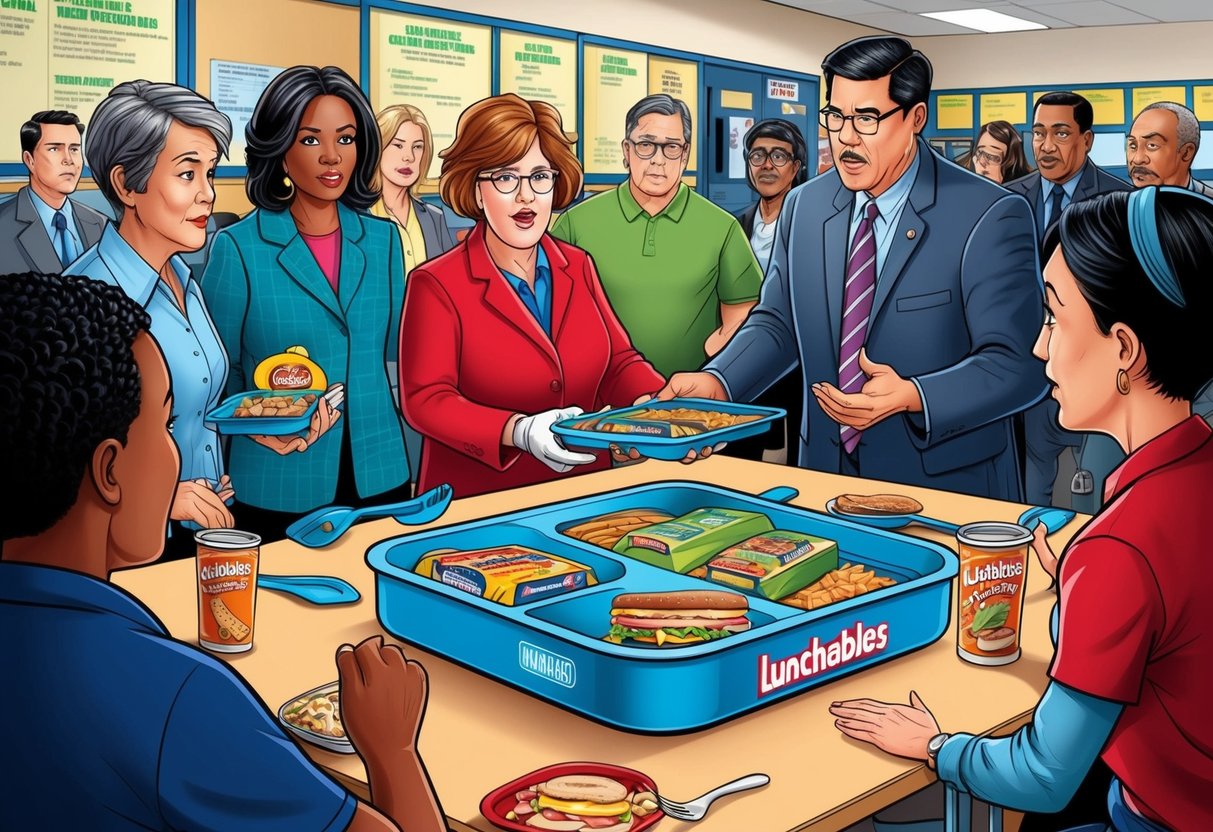 A lunch tray with Lunchables being removed from a school cafeteria menu, surrounded by concerned parents and school officials