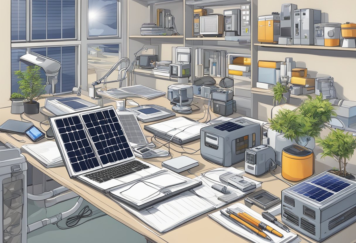 A person researching solar generators, surrounded by various electronic devices and solar panels, with a notebook and pen for note-taking