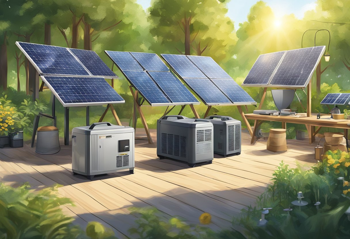 A sunny outdoor scene with various solar generators displayed on a table, surrounded by trees and other outdoor equipment
