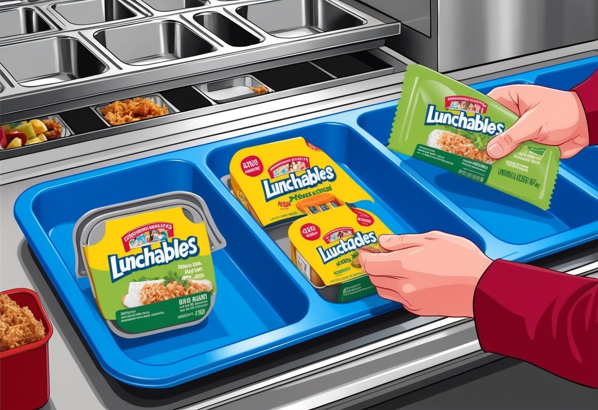 A lunch tray with empty compartments and a Lunchables packaging being removed from a school cafeteria line