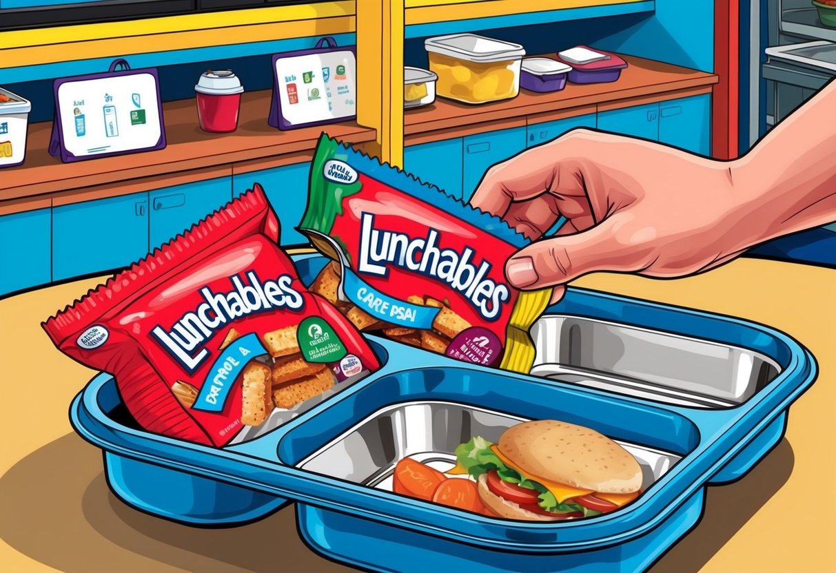 A lunch tray with a Lunchables package being removed by a hand in a school cafeteria