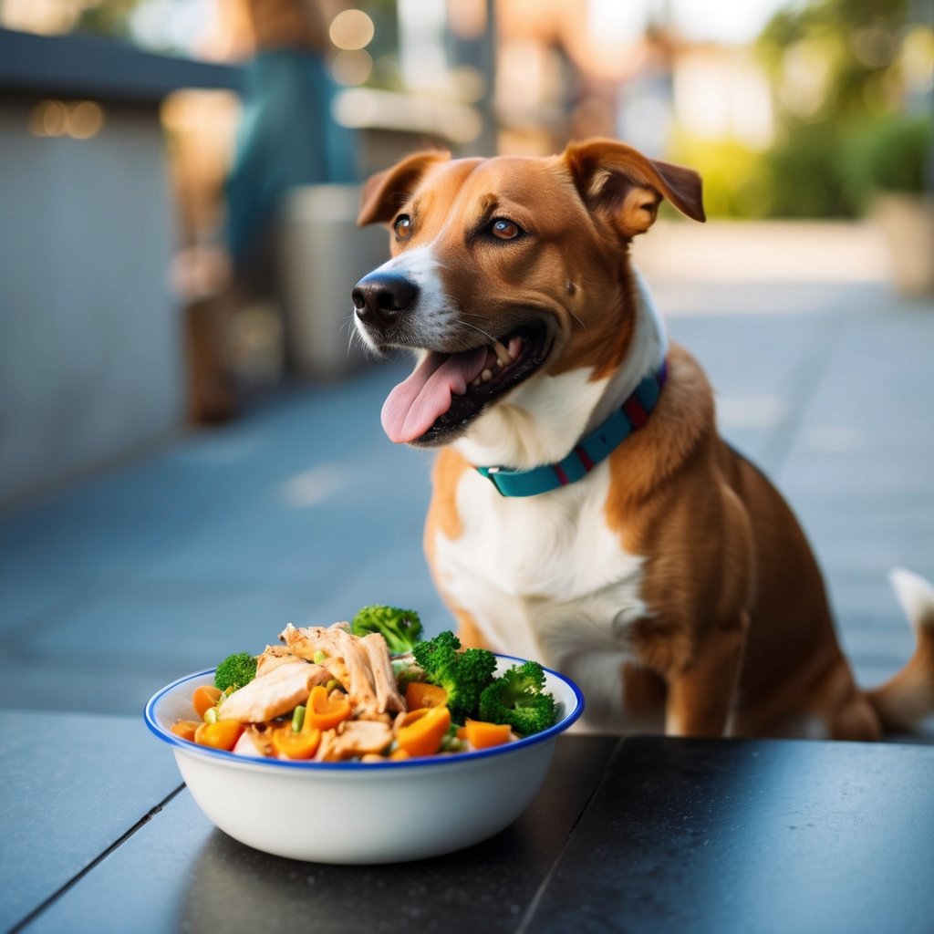A happy dog eagerly sits by a bowl filled with a colorful mix of cooked chicken and fresh vegetables, wagging its tail in anticipation