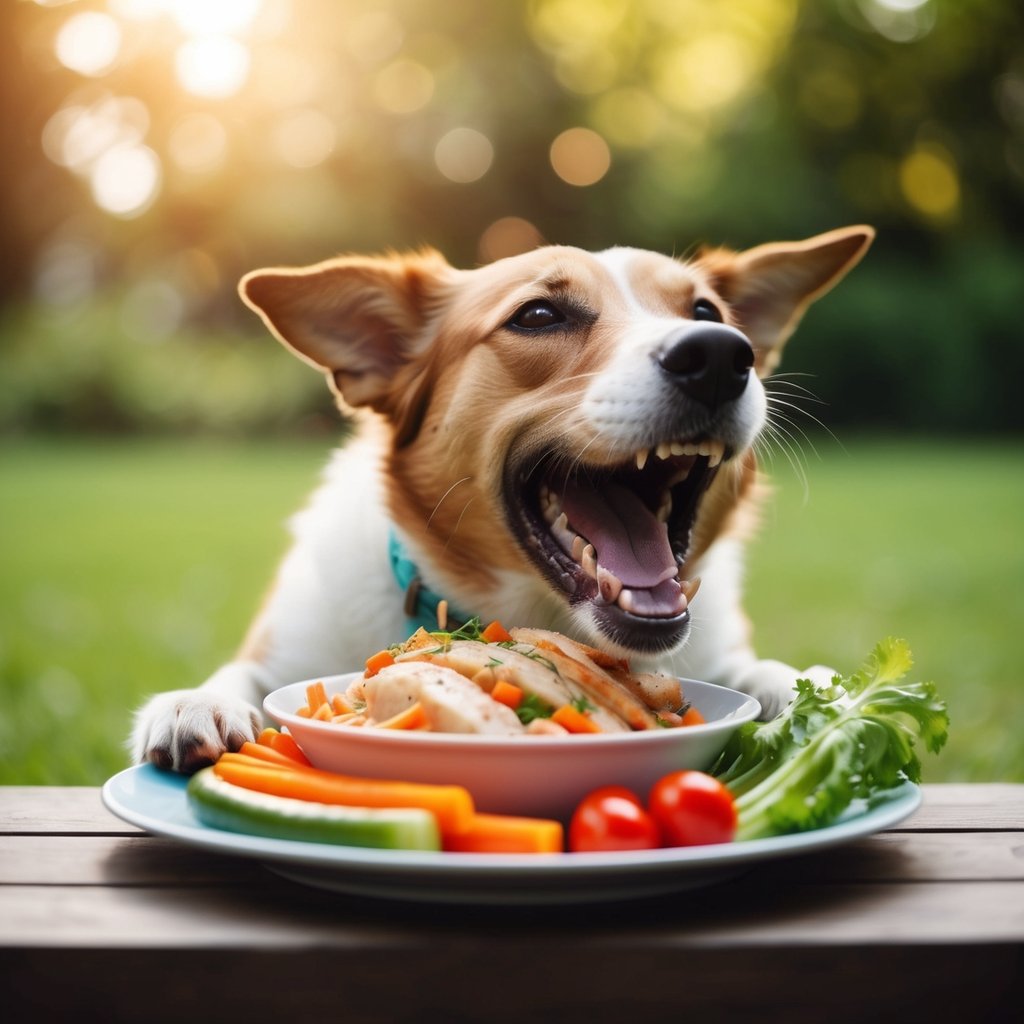 A joyful dog eagerly devouring a bowl of fresh chicken and vibrant vegetables