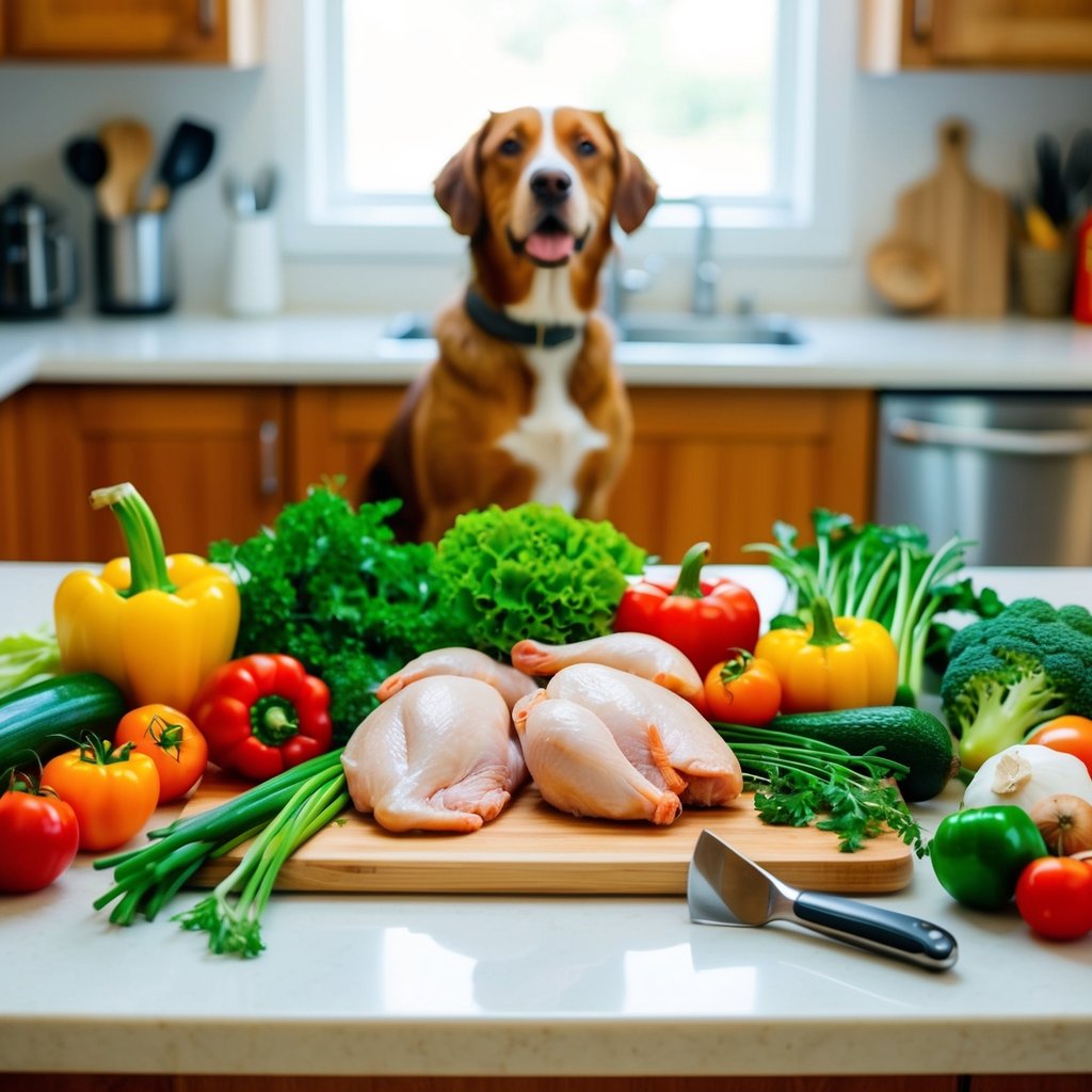 A colorful array of fresh vegetables and raw chicken arranged on a clean cutting board, surrounded by kitchen utensils and a dog eagerly watching