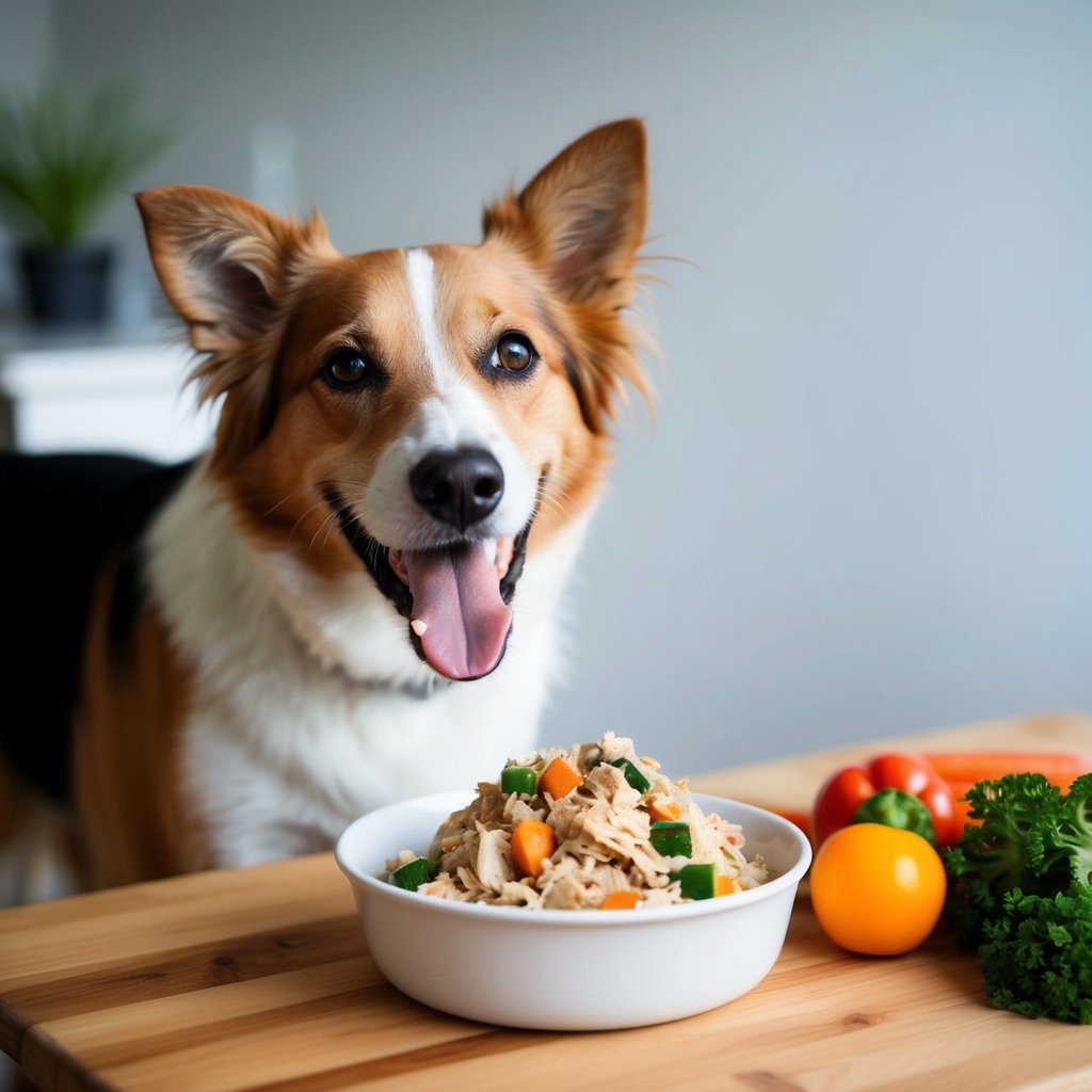 A happy dog eagerly eating a bowl of homemade chicken and veggie dog food, with a wagging tail and a satisfied look on its face