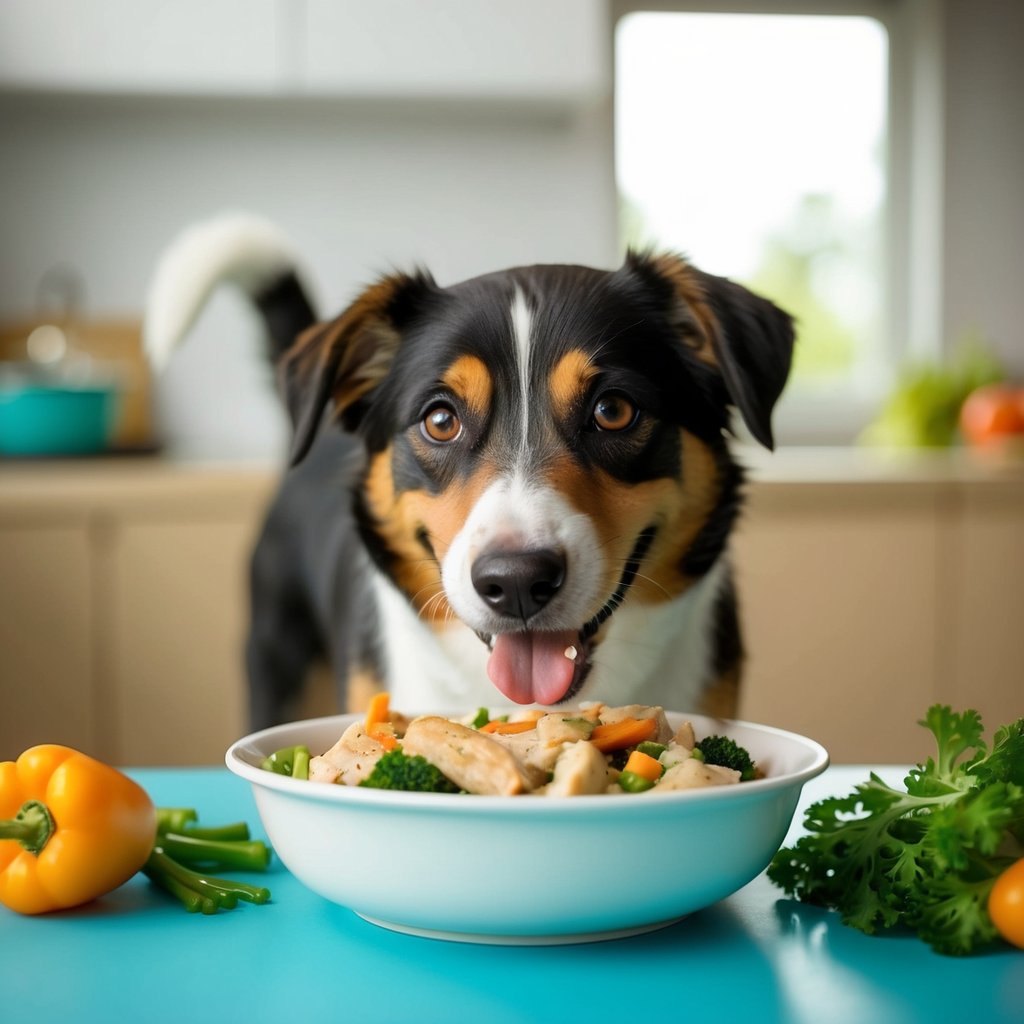 A happy dog eagerly eating a bowl of freshly cooked chicken and veggies, with a wagging tail and a satisfied expression on its face