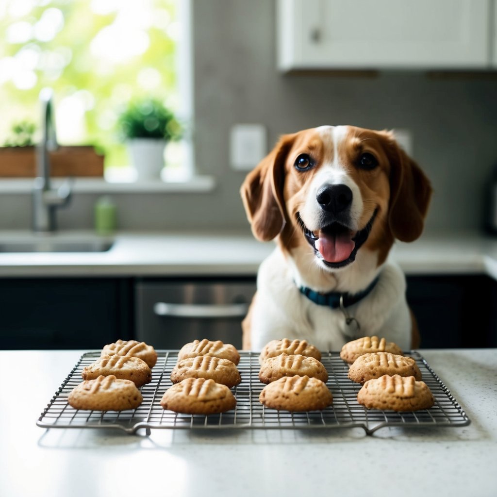 A happy dog eagerly waits by a kitchen counter, where a batch of freshly baked peanut butter and banana biscuits cools on a wire rack